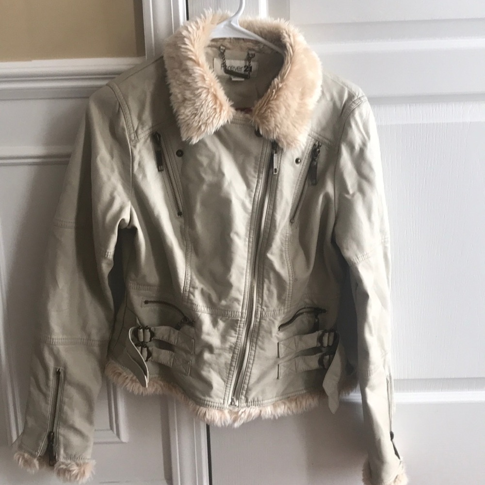 Forever 21 faux cream color leather jacket size lg